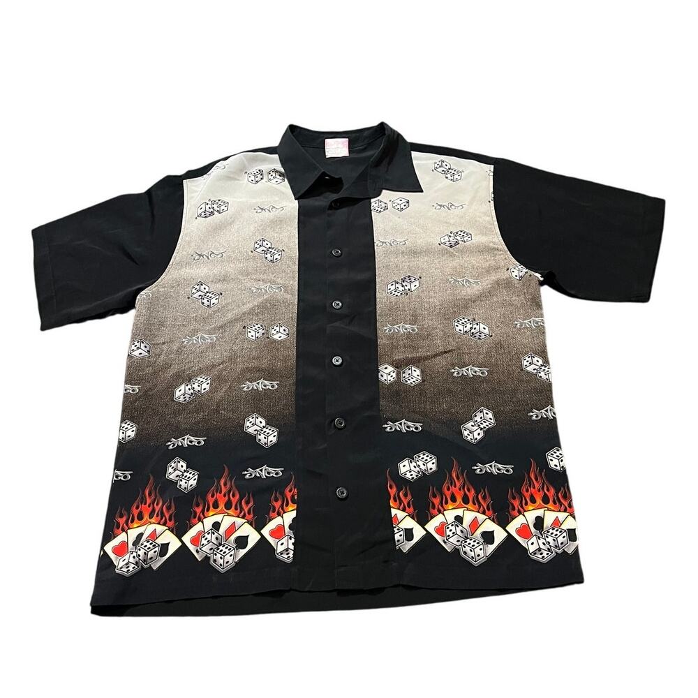Vintage JNCO Gambling Cards Fire Graphic Button‎ Down Shirt Black Y2K Fits XL